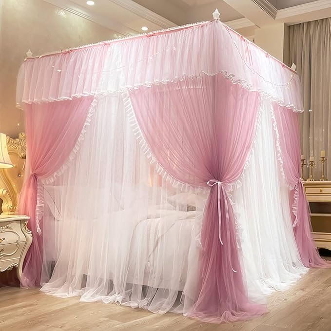 Mengersi Canopy Bed Curtains with Lights,4 Corner Bed Canopy Royal Luxurious Bed Drapes Netting,Princess Bed Curtains for Girls Adults Bedroom Decoration (Pink, Queen)
