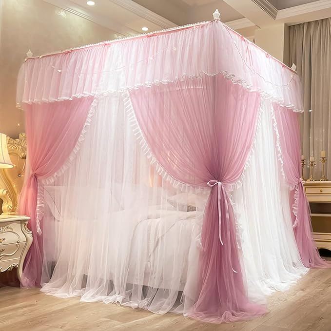 Mengersi Canopy Bed Curtains with Lights,4 Corner Bed Canopy Royal Luxurious Bed Drapes Netting,Princess Bed Curtains for Girls Adults Bedroom Decoration (Pink, Full)