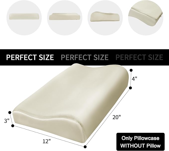 HOMBYS Satin Pillow Case for Contoured Support Pillow (DO NOT Include Pillow) -Zippered Pillow Cover for Neck Pillow for Cervical 1 Pack-Silky, Smooth and Breathable, Standard
