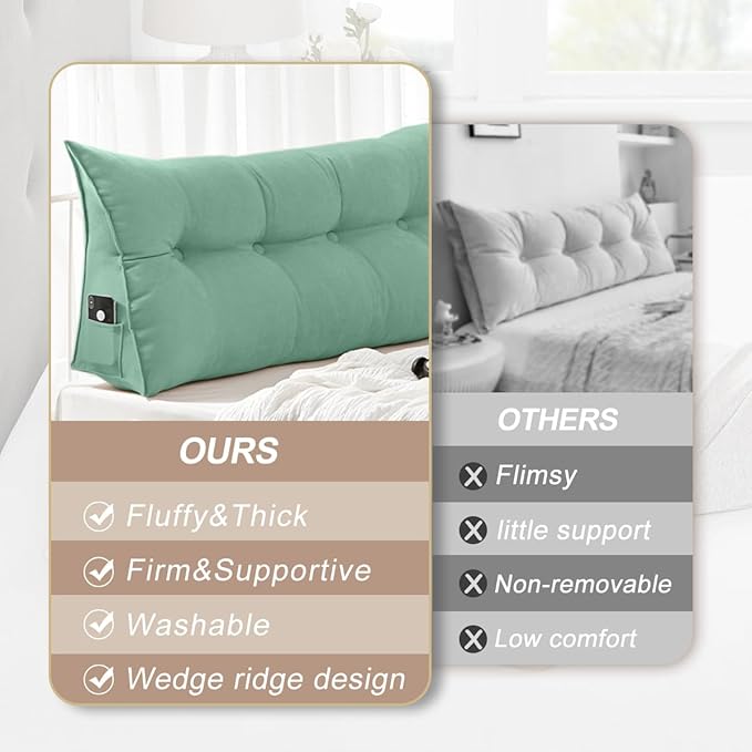 Large Triangular Headboard Pillows Long Backrest Positioning Support Bolster Cushion for Daybed Fluffy Quality Plush Body Wedge Pillow with Removable Cover(Light green-24x8x20in)