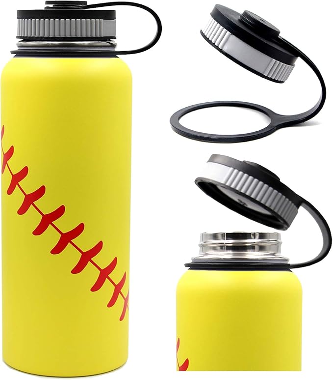 40 oz Softball Water Bottle, Sports Flask Metal Travel Tumbler with 2 Lids 18/8 Stainless Steel Double Wall Vacuum Insulated Hot/Cold (40oz, Yellow Softball)
