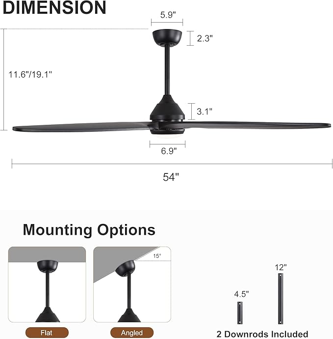 54 Inch Modern Ceiling Fan with Lights and Remote, 5 Wood Blades, 6-Speed Noiseless Reversible DC Motor with Replaceable Downrods for Bedroom Living Room Dining Room, Black