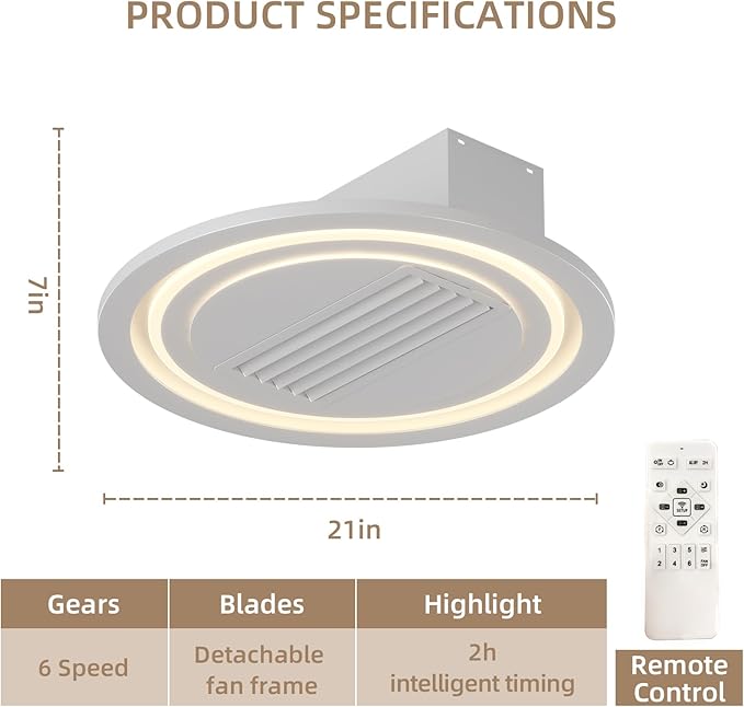 NicBex Ceiling Fan 22 Inch Modern Ceiling Fans with Lights Bladeless Ceiling Fan with Remote Control Ceiling Fans with Reversible Motor for Bedroom, Living Room, White