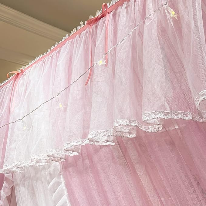 Mengersi Canopy Bed Curtains with Lights,4 Corner Bed Canopy Royal Luxurious Bed Drapes Netting,Princess Bed Curtains for Girls Adults Bedroom Decoration (Pink, Queen)