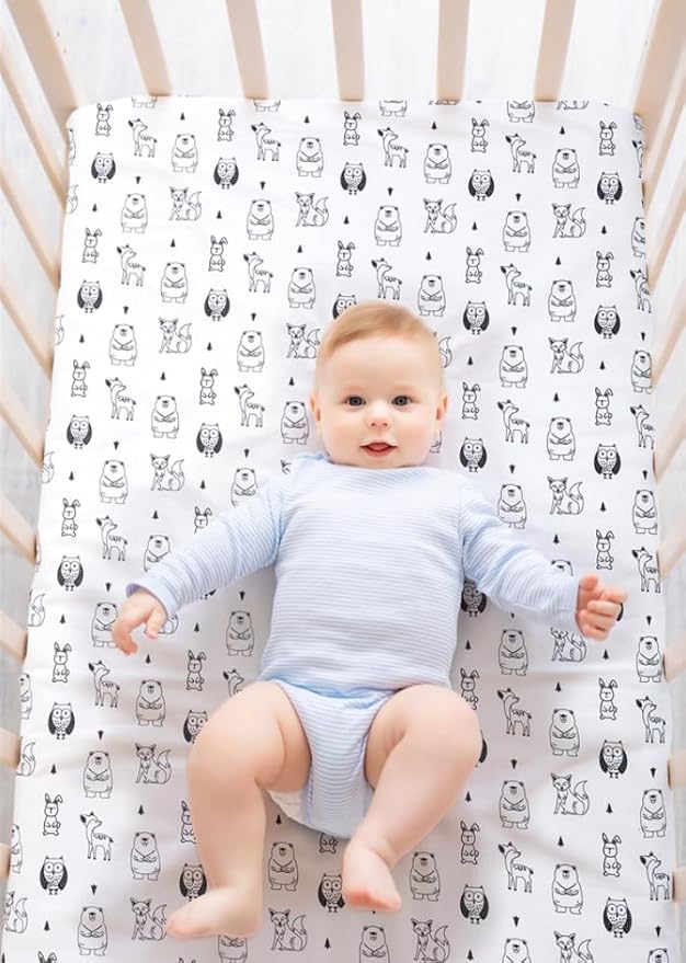4 Pack Woodland Forest Animals Wood Neutral Unisex Fitted Baby Crib Sheets Set for Baby Boys or Girls Cartoon