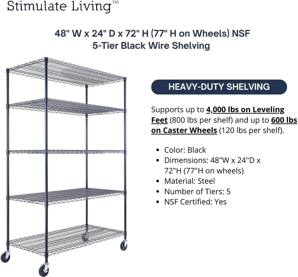 48"x24"x72" Prime Heavy Duty Black 5-Tier Steel Wire Shelving NSF 4000 LBS MAX Capacity Storage Rack for Commercial, School, Home, Garage, Warehouse, Industrial, and Hospital Uses (with Wheels)