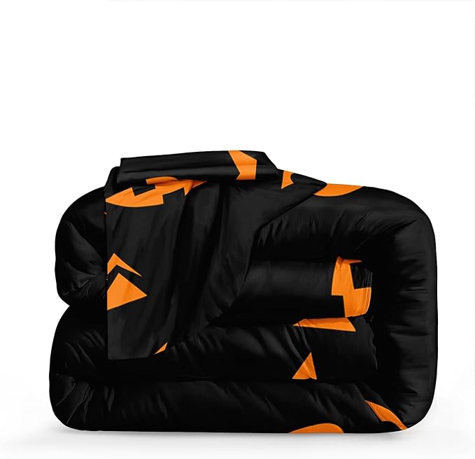 Bedbay Halloween Queen Comforter Set Black Orange Ghost Bedding Set for Kids Boys 4 Pcs Soft and Breathable Comforter Halloween Room Decor(Orange,Queen)