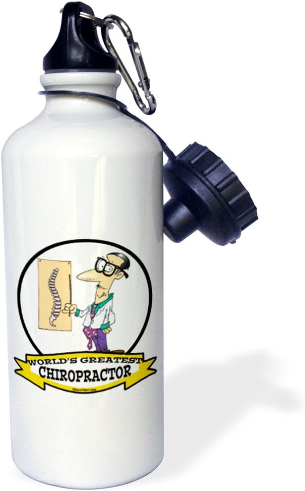 3dRose "Funny Worlds Greatest Chiropractor Occupation Job Cartoon" Sports Water Bottle, 21 oz, White