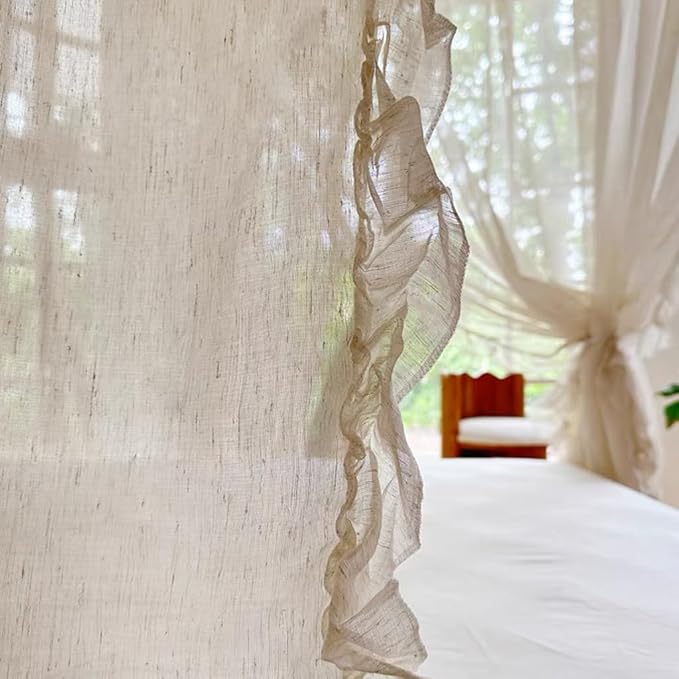 Elegant Modern Linen Princess 4 Corner Post Mosquito Net Romantic for Girls Women Bed Curtain Canopy for Adult Wedding Bedroom Kids Rooms Decoration (White-Beige, Queen)