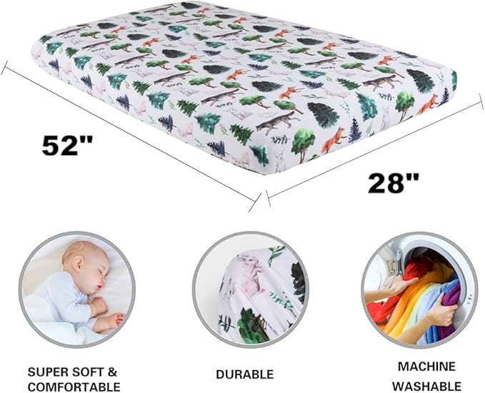 4 Pack Woodland Forest Animals Wood Neutral Unisex Fitted Baby Crib Sheets Set for Baby Boys or Girls