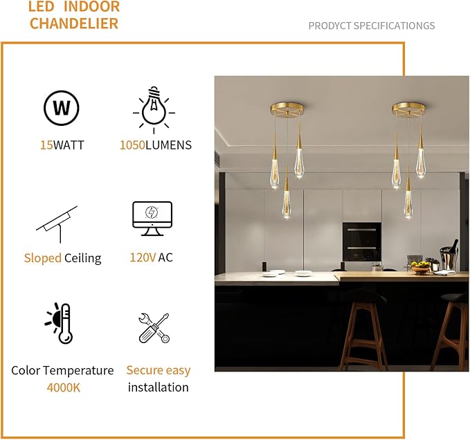LMQNINE Kitchen Light Fixtures Ceiling Dimmable LED Modern Gold Pendant Light Mini Teardrop Crystal Pendant Light for Kitchen Island Bedroom Hallway Entryway (3-Light)