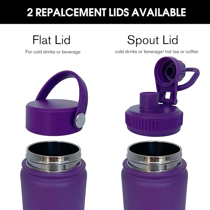 22oz Insulated Water Bottle ，Stainless Steel Sports Water Cup Flask with 2 Lids, Wide Mouth Travel Thermal Mug,Outdoor Sports Bottle（Purple）