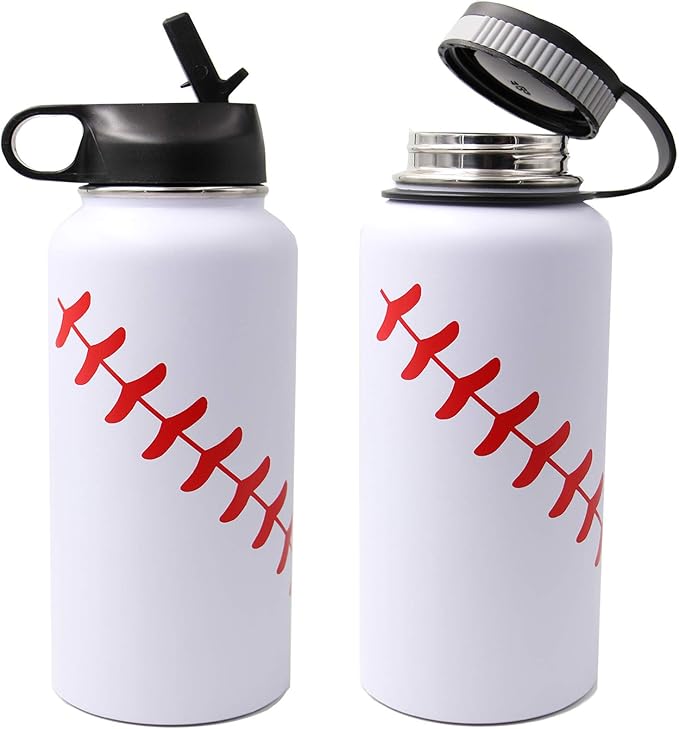 32 oz Baseball Water Bottle, Wide Mouth Sports Flask Metal Travel Tumbler with 2 Lids 18/8 Stainless Steel Double Wall Vacuum Insulated (32oz, White baseball)