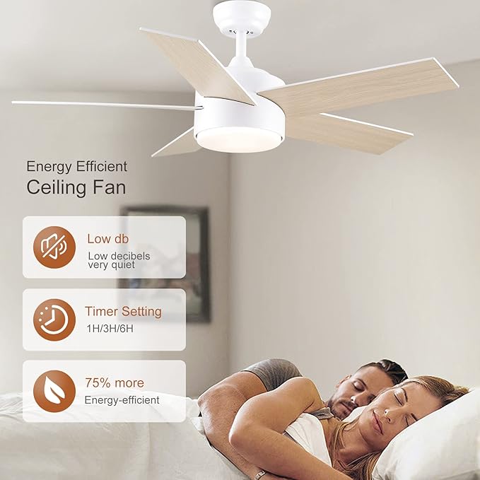 44 inch White Ceiling Fan with Lights and Remote Control, Dimmable Ceiling Fans with Lights,3-Color, Quiet Reversible 6-Speed, Wood Modern Ceiling Fan for Bedroom, Living Room, Dining Room