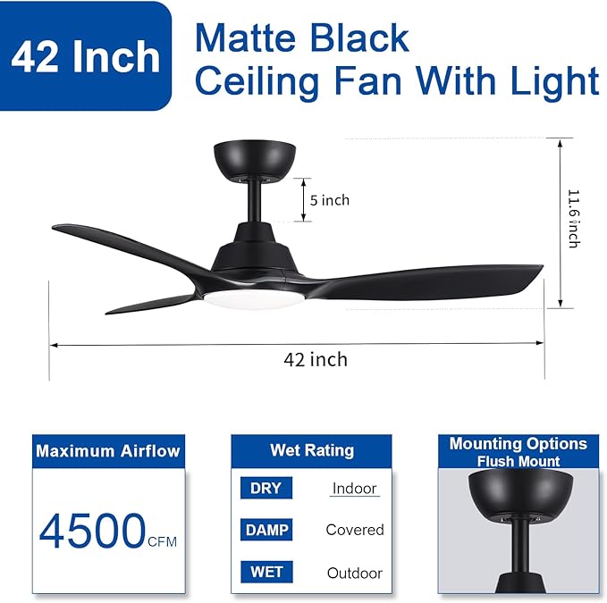 Sevenine Ceiling fan with light,Black Ceiling Fan,3 Blades,Downrod,6 speed adjustable,Dimmable LED,3 Timers,Reversible DC motor, For Patio Living Room Bedroom Dining Room (Black, 42Inch)
