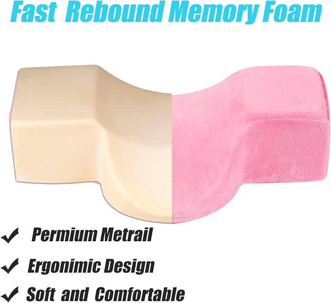 Salon Eyelash Extension Neck Pillow Memory Foam Lash Pillow with Neck and Back Support,Ergonomic lash Bed Pillow with Velvet Pillowcase Beauty Lash Pillow for Lash Extensions(Pink)