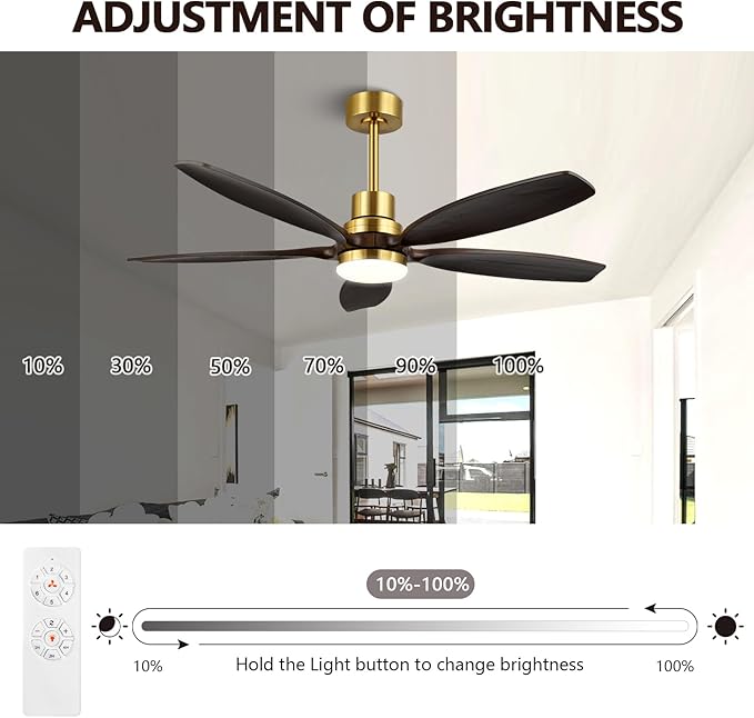 52" Ceiling Fan with Light and Remote,Reversible DC Motor,6Speed,Modern Natural Wood Ceiling Fan with Dimmable LED for Outdoor Patios Bedroom Living Room,Brown Walnut and Brass