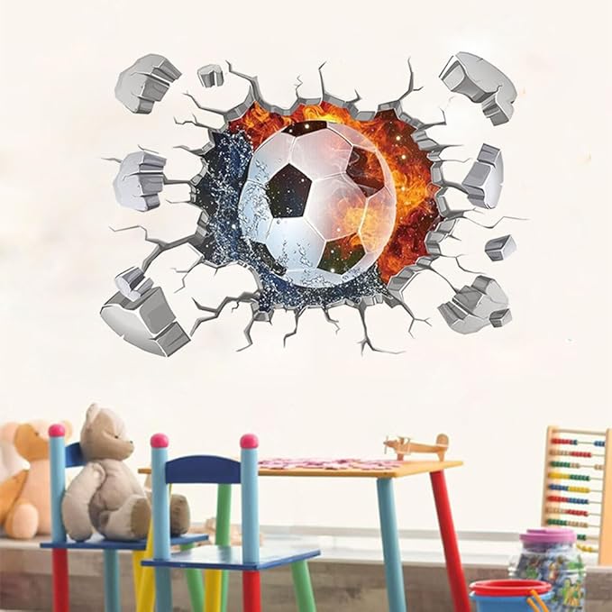3D Soccer Wall Stickers Removable Soccer Wall Decals for Boys Break Through The Wall Vinyl Football Soccer Wall Stickers Murals Vinyls Decals for Teenager Room Playroom Decor (T0188)
