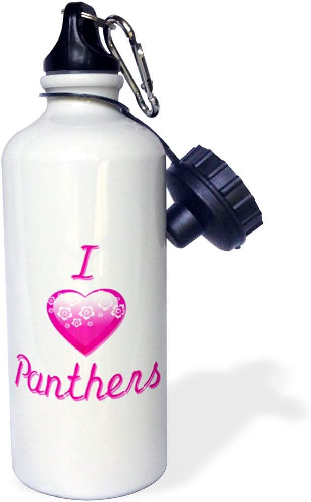 3dRose "Pretty Pink Flowery I Love Panthers" Sports Water Bottle, 21 oz, White