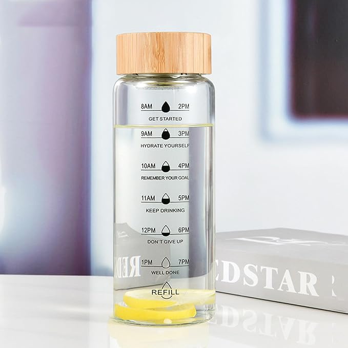 25oz Glass Water Bottle with Time Marker, Leak-Proof,With stainless steel tea strainer, BPA-Free Reusable Hot and Cold Beverages for Office, Gym, Travel