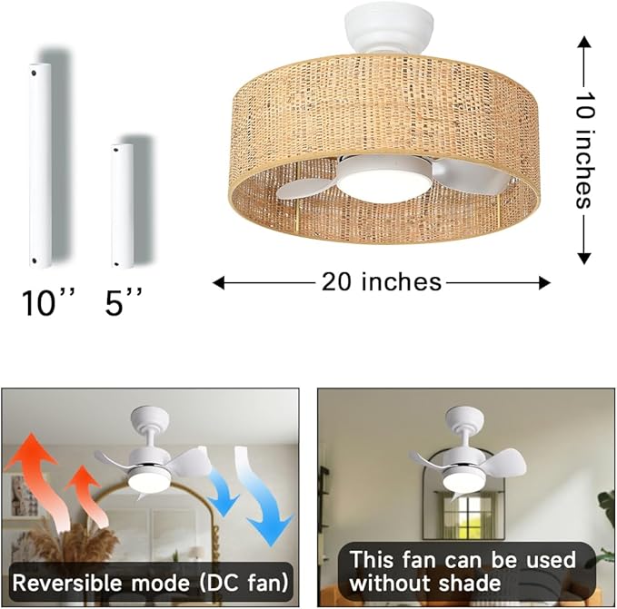 Boho LED Reversible DC Dimmable Ceiling Fan with Light Fixture and Remote Control,Caged Round Cage 3 Blade Small Drum Fandelier for Bedroom Indoor Kitchen Nursery Office Dining Room