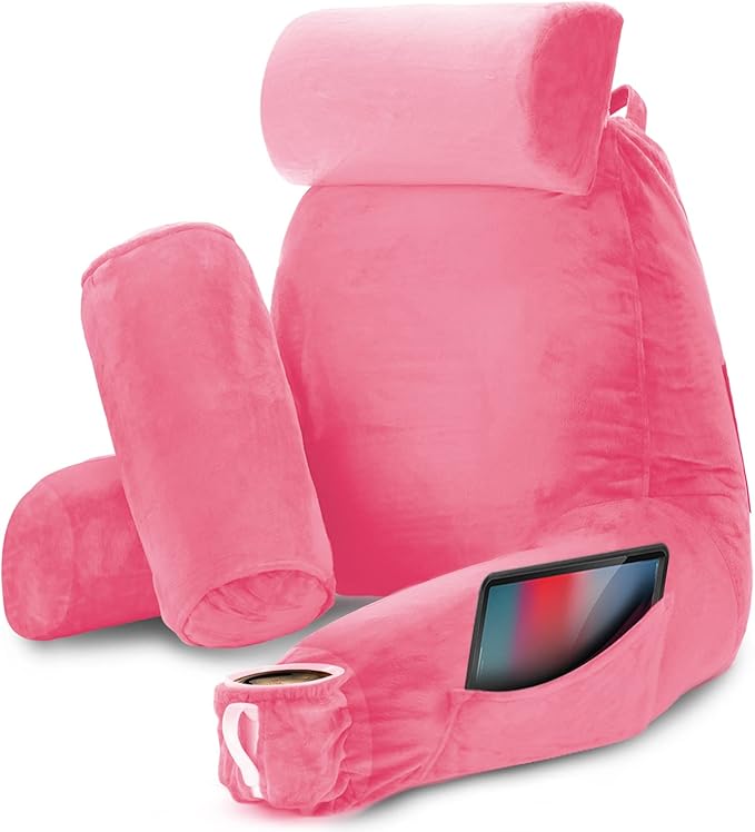 Nestl Reading Pillow Large Bed Pillow, Back Pillow for Sitting in Bed Shredded Memory Foam Chair Pillow, Reading & Bed Rest Pillows Light Pink Back Pillow for Bed, Bed Chair Arm Pillow with Pockets