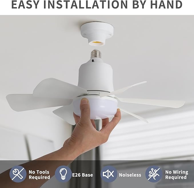 Socket Fan Light with Remote, 3 Color Ceiling Fans with Lights, Dimmable Small Led Ceiling Fan with E26 Base, 1000 Lumens Screw in Ceiling Fan Light for Bedroom, Kitchen, Living Room