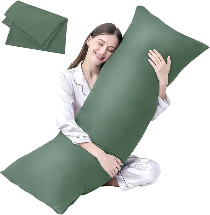 DOWNCOOL Luxury Full Body Pillow Insert with Fiber Cover - Ultra Soft Body Pillow for Sleeping - Breathable Long Bed Pillow Insert, 20"x54"(Sage Green, with Cover)