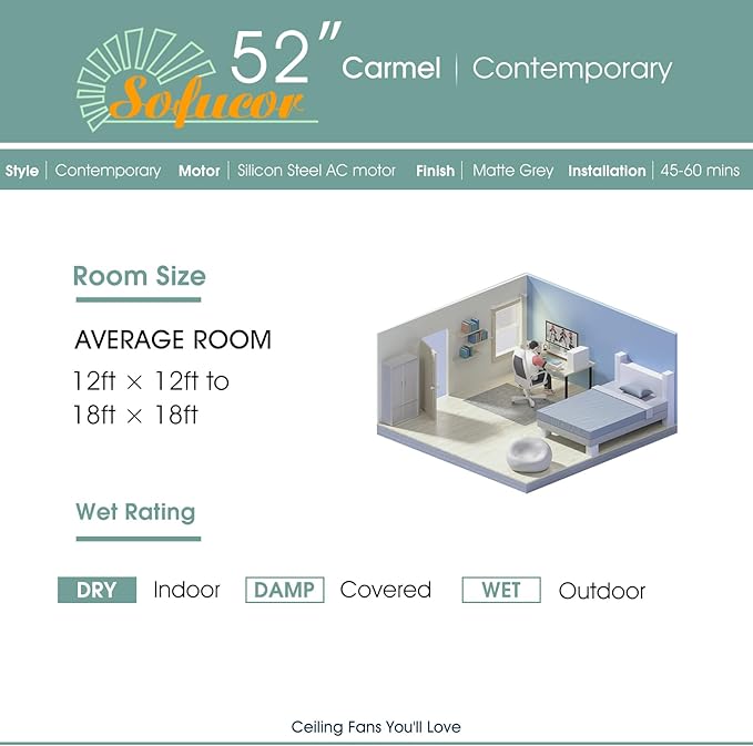 Sofucor 52" Flush Mount Ceiling Fan no Light and Remote Control, Outdoor Indoor Ceiling Fans without Light, Quiet Energy Saving with 6 Speeds, Timer, Silver