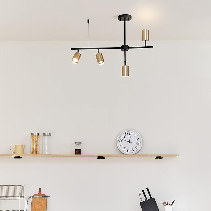 Globe Electric 64000049 4-Light Adjustable Height Geometrical Track Lighting, Matte Black, Matte Brass Accents, Ceiling Light, Pivot Shades, Track Ceiling Light, 4 Bulb Kitchen Light, GU10 Socket