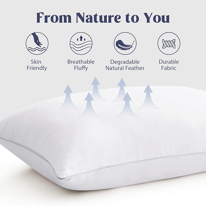 puredown® Goose Feathers Bed Pillows, 100% Cotton Cover, Queen Size Hotel Collection Pillows Set of 2 for Sleeping with Silver Piping, Feather and Polyester Filling
