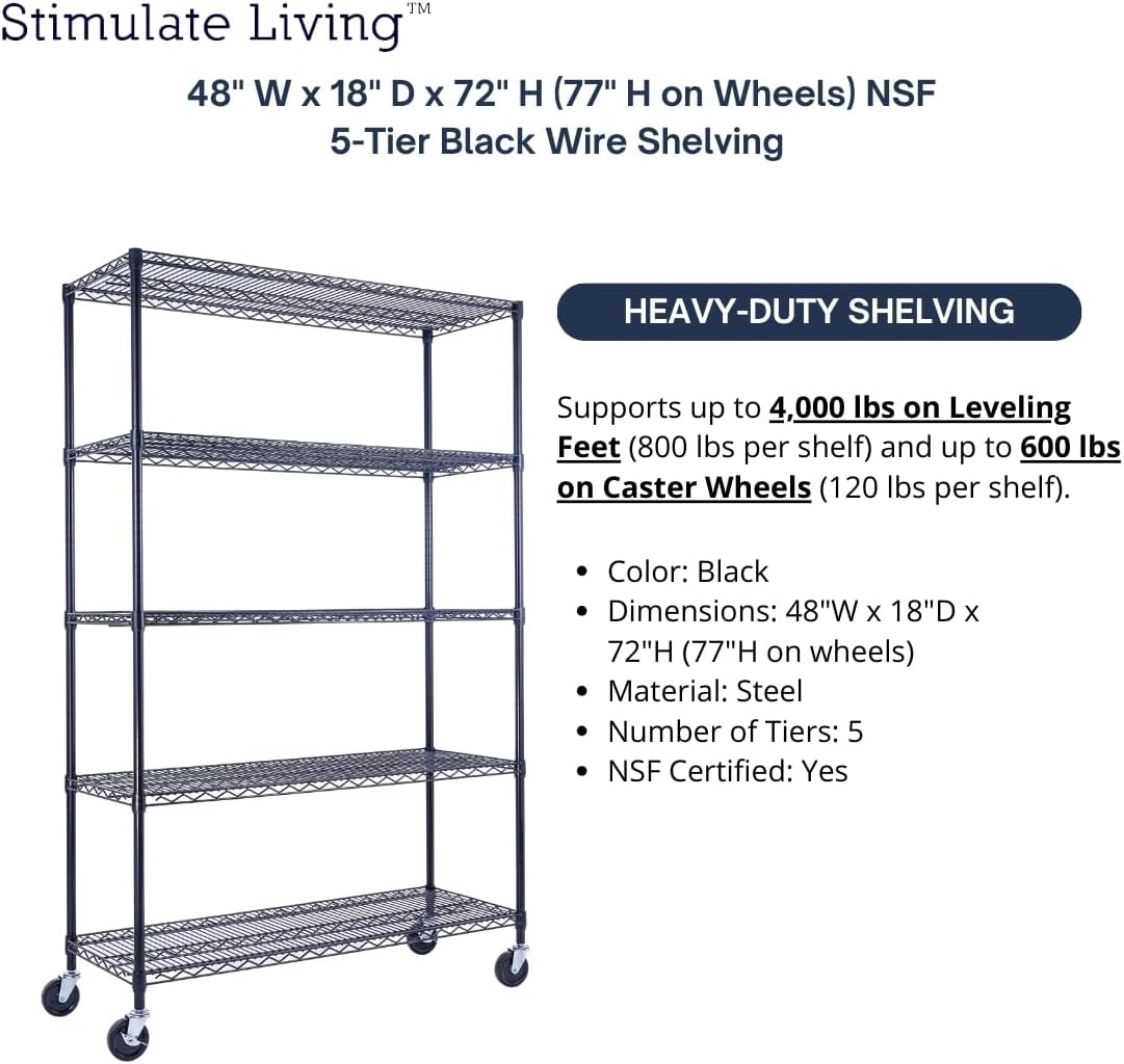 48"x18"x72" PRIME HEAVY DUTY Black 5-Tier Wire Shelving NSF 4000 LBS MAX Capacity Storage Rack for Commercial, School, Home, Garage, Warehouse, Industrial, and Hospital Uses (with Wheels)