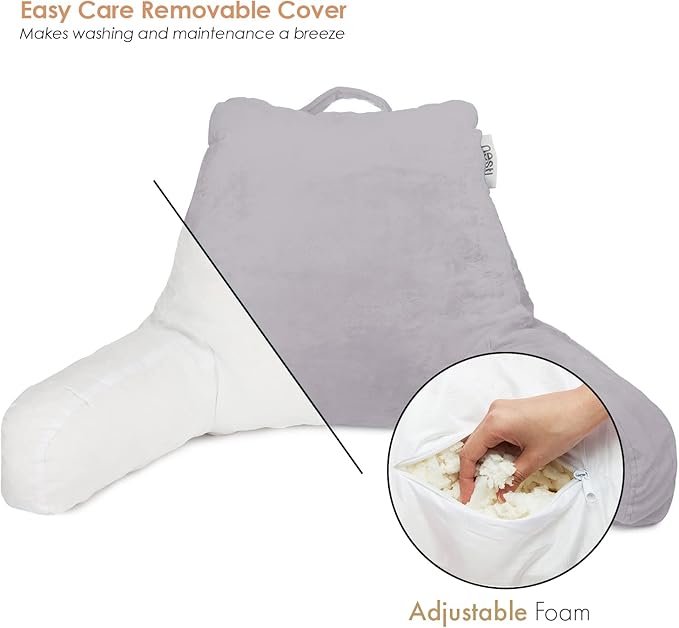 Nestl Reading Pillow Standard Bed Pillow, Back Pillow for Sitting in Bed Memory Foam Chair Pillow, Reading & Bed Rest Pillows Grey Lavender Back Pillow for Bed, Bed Chair Arm Pillow with Pockets