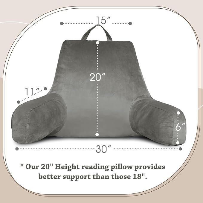 LOVTEX Reading Pillow with Removable Cover, Back Pillow for Sitting Up in Bed with Arms and Pockets, Bed Rest Pillow Adult, 20 x 15 Inches(Dark Grey)
