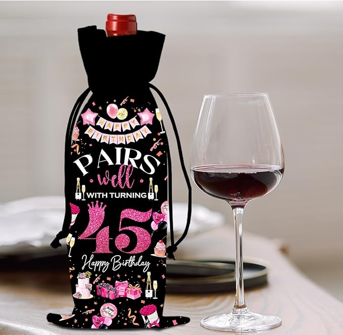 45th Birthday Gifts for Women Men Wine Bag, 45 Year Old Birthday Gifts for Men, Happy 45th Birthday Party Decorations for Women Men, Pairs Well with Turning 45 Wine Bottle Bags (Black Pink)
