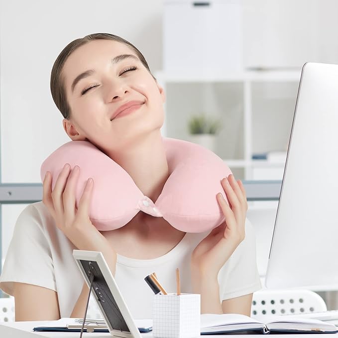 Travel Neck Pillow Airplane, Soft Memory Foam Support Head Neck Chin, with Removale Cover and Adjustable Snap Button, Comfortable Sleeping in Plane Car Train Traveling Office, Light Pink