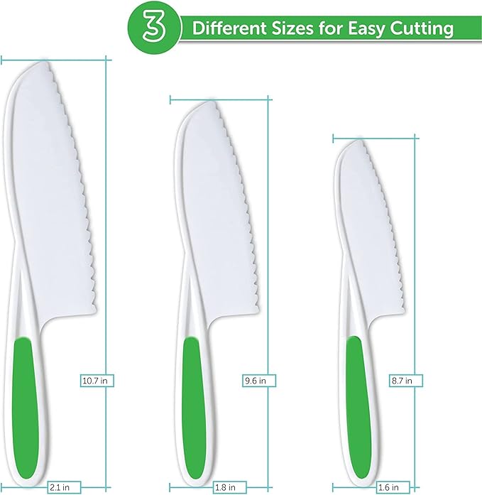 Kids Knife Set of 3 - Firm Grip, Serrated Edges & Safe – Colorful Nylon Toddler Knife Set to Cut Fruits, Salad, Cake, Lettuce (Green)