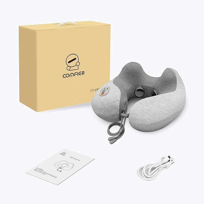 COMFIER Cordless Travel Pillow with Vibration Massager,Travel Neck Massage Pillow with Heat for Neck, Lightweight Memory Foam Neck Pillow,Head Support Soft Pillow for Airplane,Office