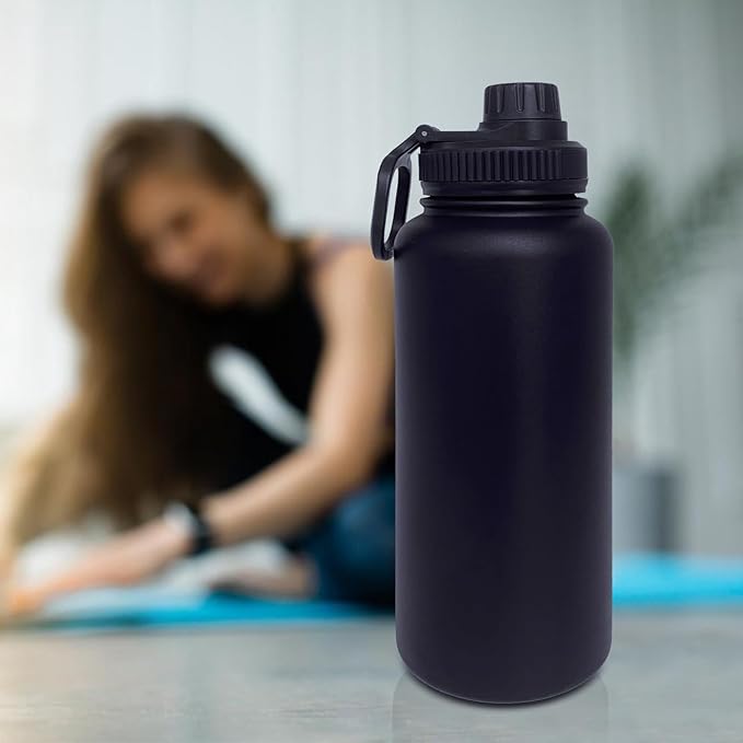 32oz Insulated Water Bottle ，Stainless Steel Sports Water Cup Flask with 2 Lids, Wide Mouth Travel Thermal Mug,Outdoor Sports Bottle（Blue Black）