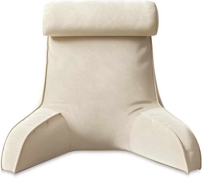 Reading Pillow for Bed Adult Size, Back Pillow for Sitting in Bed, Shredded Memory Foam Bed Chair Pillow with Arms, Pockets, Washable Cover (Beige, Large)