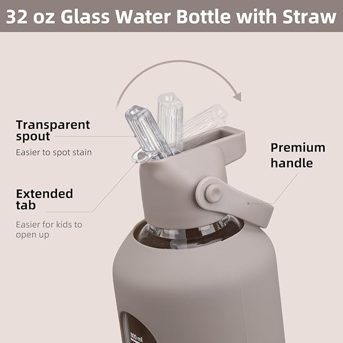 32 oz Glass Water Bottles with Straw Borosilicate Glass Water Bottle with Time Marker Motivational Water Bottles with Silicone Sleeve Leak Proof Reusable BPA Free