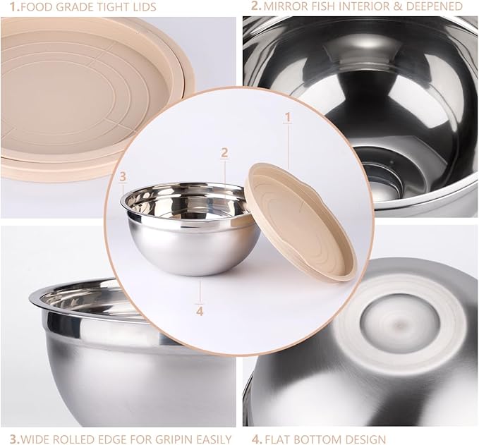 Mixing Bowls with Lids set - 26 PCS Stainless Steel Nesting Khaki Mixing Bowls Set for Baking,Mixing,Serving & Prepping,Size 5, 3.7, 2.8, 2.3, 1.7, 1.1, 0.7QT,12 Cooking Utensils