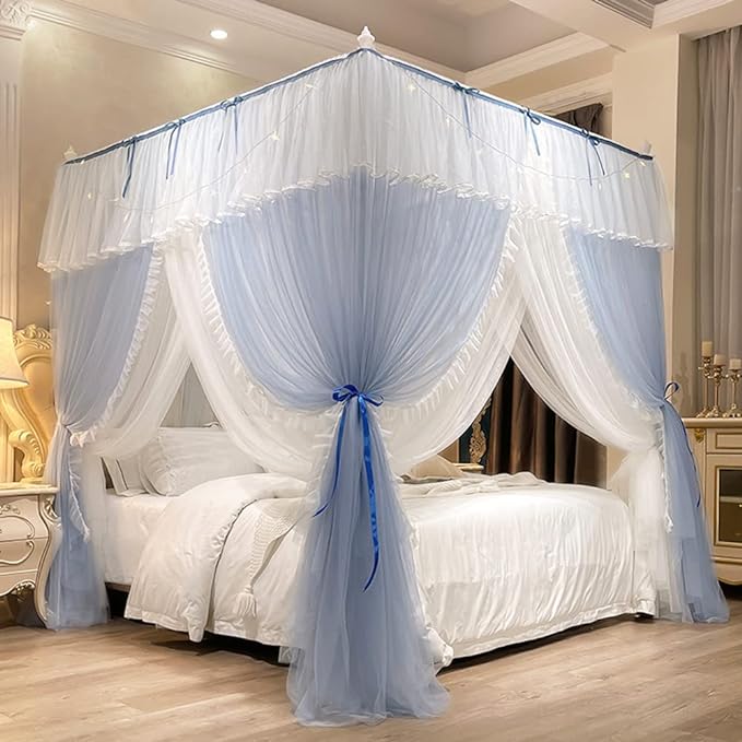 Mengersi Canopy Bed Curtains with Lights,4 Corner Bed Canopy Royal Luxurious Bed Drapes Netting,Princess Bed Curtains for Girls Adults Bedroom Decoration (Gray Blue, Full)