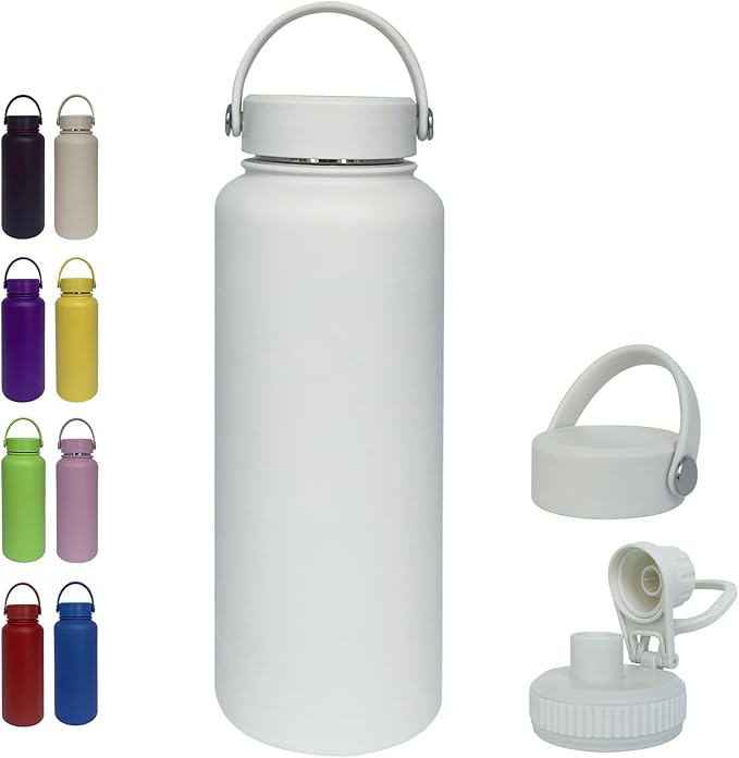 40oz Insulated Water Bottle ，Stainless Steel Sports Water Cup Flask with 2 Lids, Wide Mouth Travel Thermal Mug,Outdoor Sports Bottle（white）