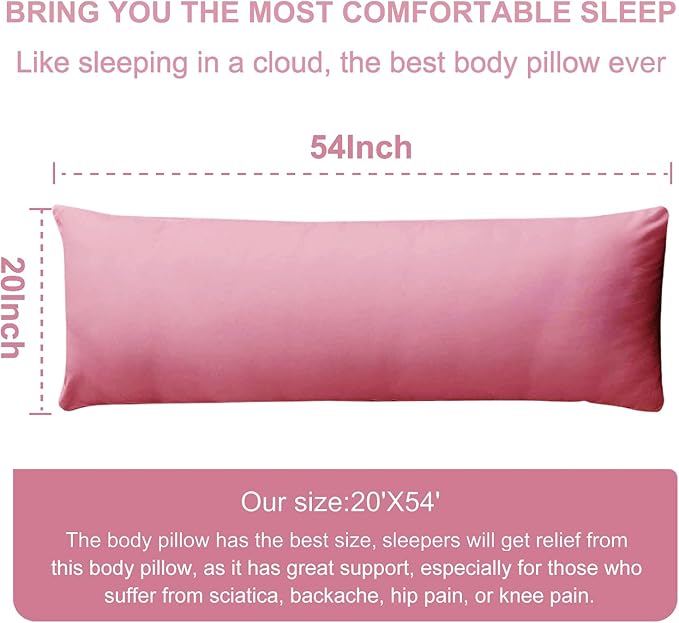 DOWNCOOL Large Body Pillow Insert- Breathable Full Body Pillow for Side Sleeper - Soft Long Bed Pillow for Adults - 20 x 54 inch (Pink)