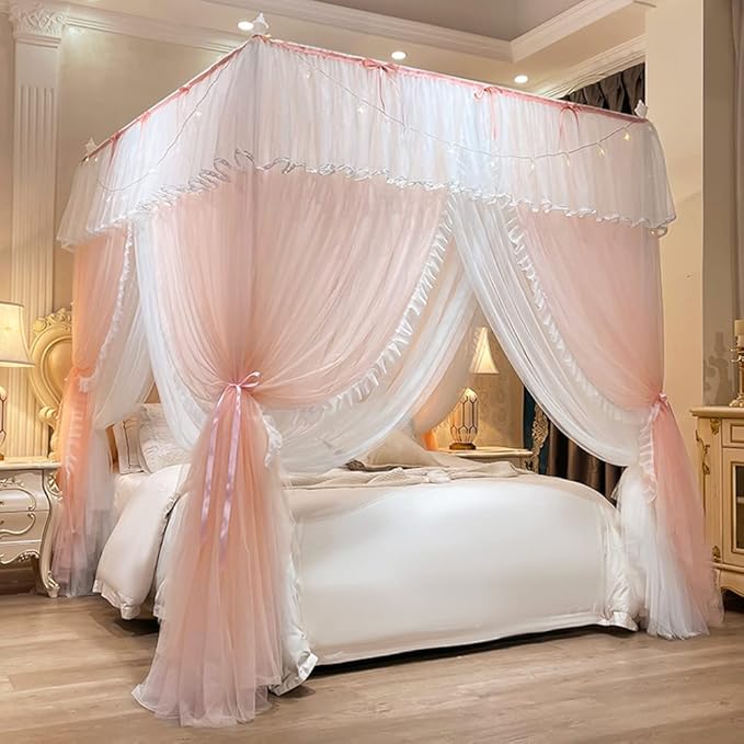 Mengersi Canopy Bed Curtains with Lights,4 Corner Bed Canopy Royal Luxurious Bed Drapes Netting,Princess Bed Curtains for Girls Adults Bedroom Decoration (Peach, California King)