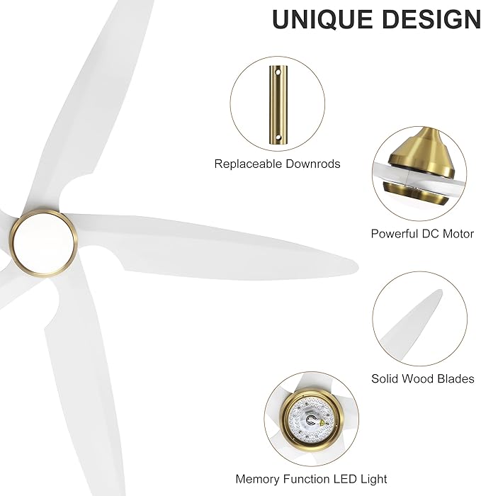 64 Inch Modern Ceiling Fan with Lights and Remote, 5 Wood Blades, 6-Speed Noiseless Reversible DC Motor with Replaceable Downrods for Bedroom Living Room Dining Room, Gold and White