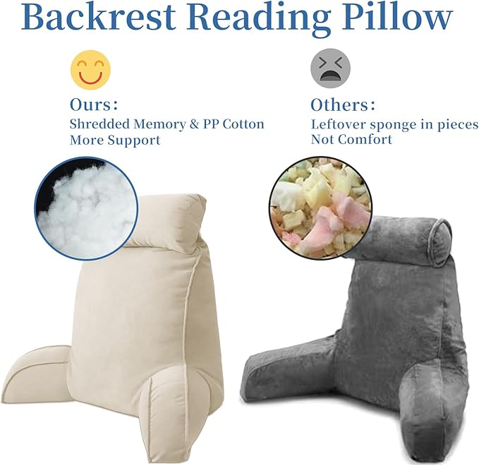 Reading Pillow for Bed Adult Size, Back Pillow for Sitting in Bed, Shredded Memory Foam Bed Chair Pillow with Arms, Pockets, Washable Cover (Beige, Large)