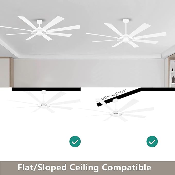 72" Ceiling Fan with Lights and Remote Control, Wood 8 Blades 6-Speed Noiseless Reversible DC Motor, 3 Downrods, Modern Large Ceiling fan for Covered Patio Bedroom Living Room Office, White