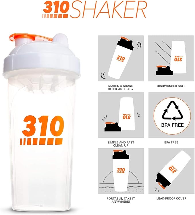 310 Nutrition Protein Shaker Bottle Meal Replacement Blender Cup For Mixing Protein Powders, Lemonade Mix, And Pre Workout (Clear w/White Lid)
